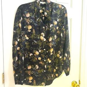 Vince 100% Black Silk floral button-down collared long sleeve blouse in Size L